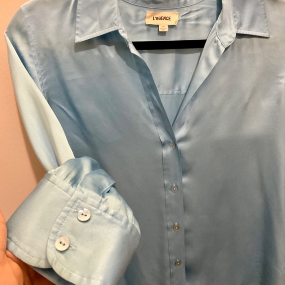 L'Agence Dani Silk Satin 3/4-Sleeve Button-Down Blouse Light Aqua XSmall - Picture 4 of 14